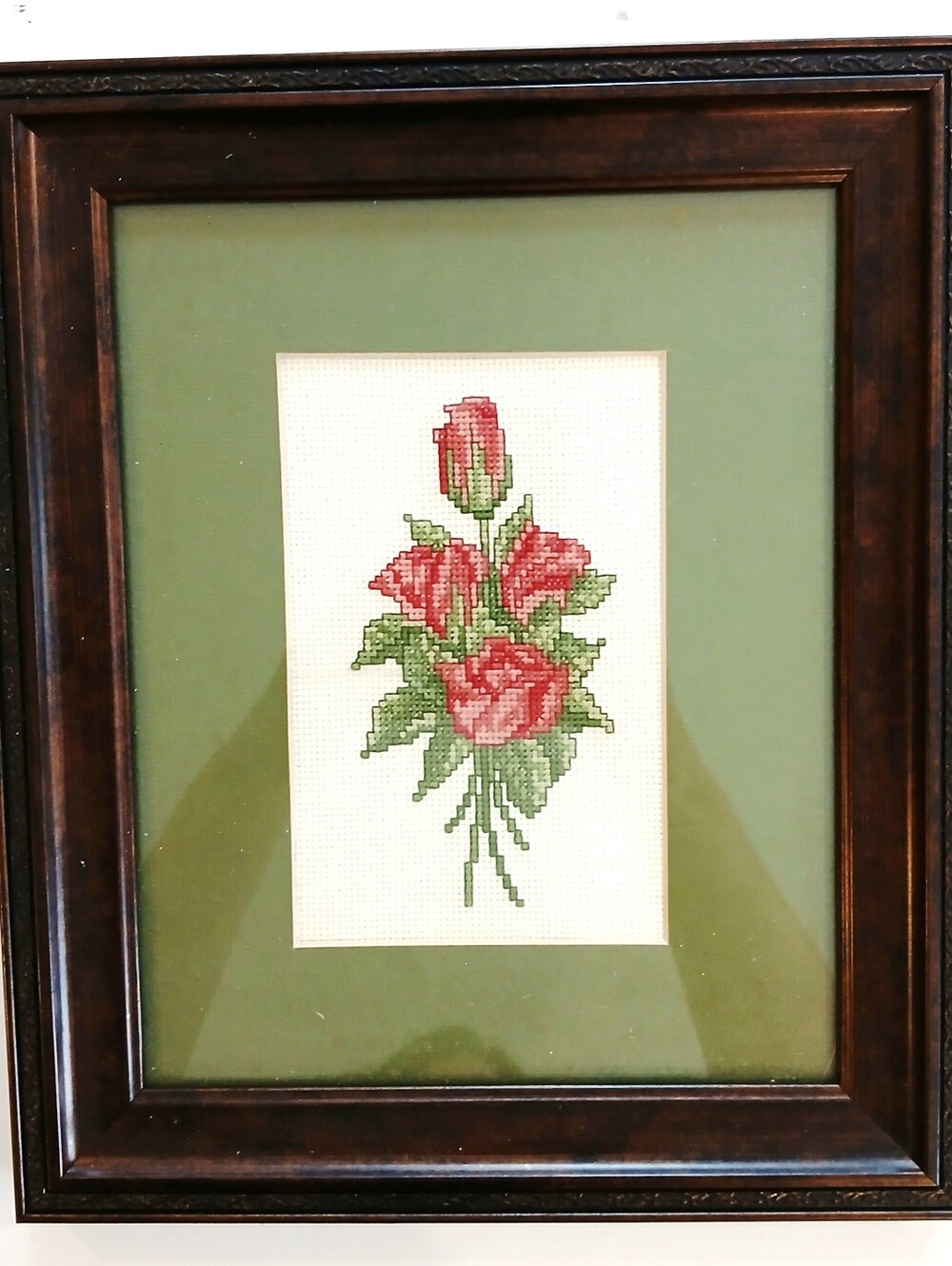 Vintage Framed Cross-Stitched Rose Bouquet - Pink and Green